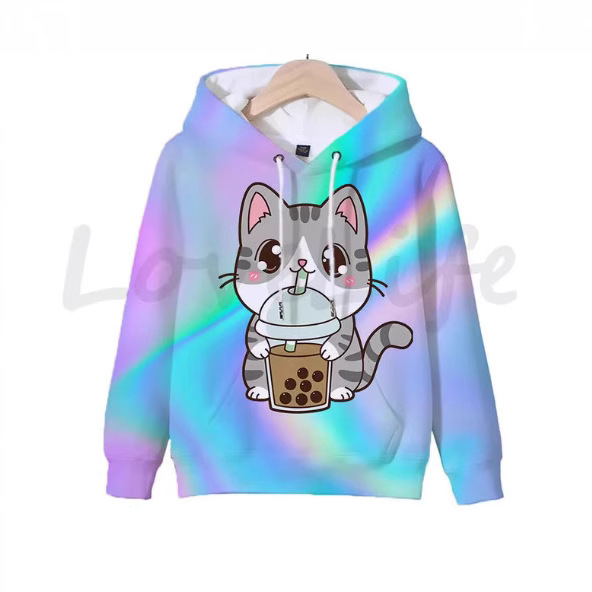 Cartoon Cat Boba Tea Hat Sweatshirt Animal 3D Printed Hat Child Cavali Pullover Casual Hat Su Della