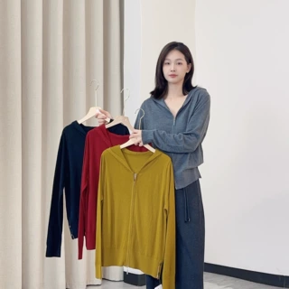 简约休闲羊毛连帽开衫软糯质感女士秋款长袖外搭衫0928-159
