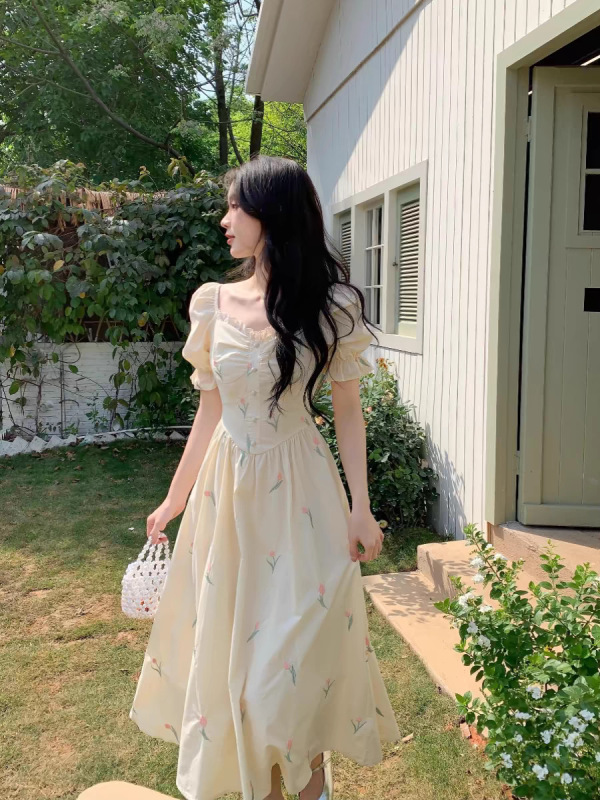 プラスサイズのハイウエストパフスリーブフレンチロングスカート、太った女性用、小ぶり、フレッシュでスイートなスリムドレス、ペアシェイプスカート|undefined