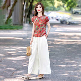 新中式国风套装女夏新款洋气减龄显瘦上衣休闲裤两件套MX8922