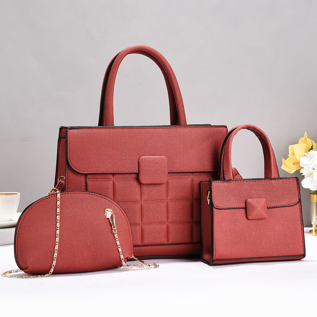 Top Handle Strap Type Bag Sets Bags Type Women's PU Plaid Elegant Square Zipper Buckle Bag Sets