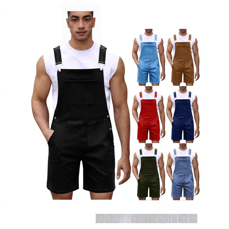 2025 Spring and Summer New European Style Light Luxury Denim Shorts Men's Trendy Casual Denim Suspender Shorts Men 2025 Spring and Summer New European Style Light Luxury Denim Shorts Men's Trendy Casual Denim Suspender Shorts Men