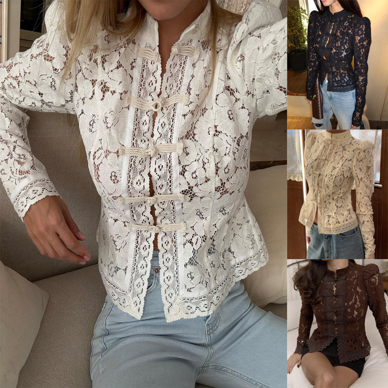2025 Summer New Style European and American Hot-Selling Fashionable and Elegant Commuter Lace Crochet Stand-Up Collar Slim-Fit Design Shirt for Women 2025 Summer New Style European and American Hot-Selling Fashionable and Elegant Commuter Lace Crochet Stand-Up Collar Slim-Fit Design Shirt for Women