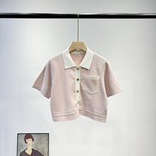 法式女装春季新款粉色减龄小香风气质POLO领单排扣短袖针织开衫女