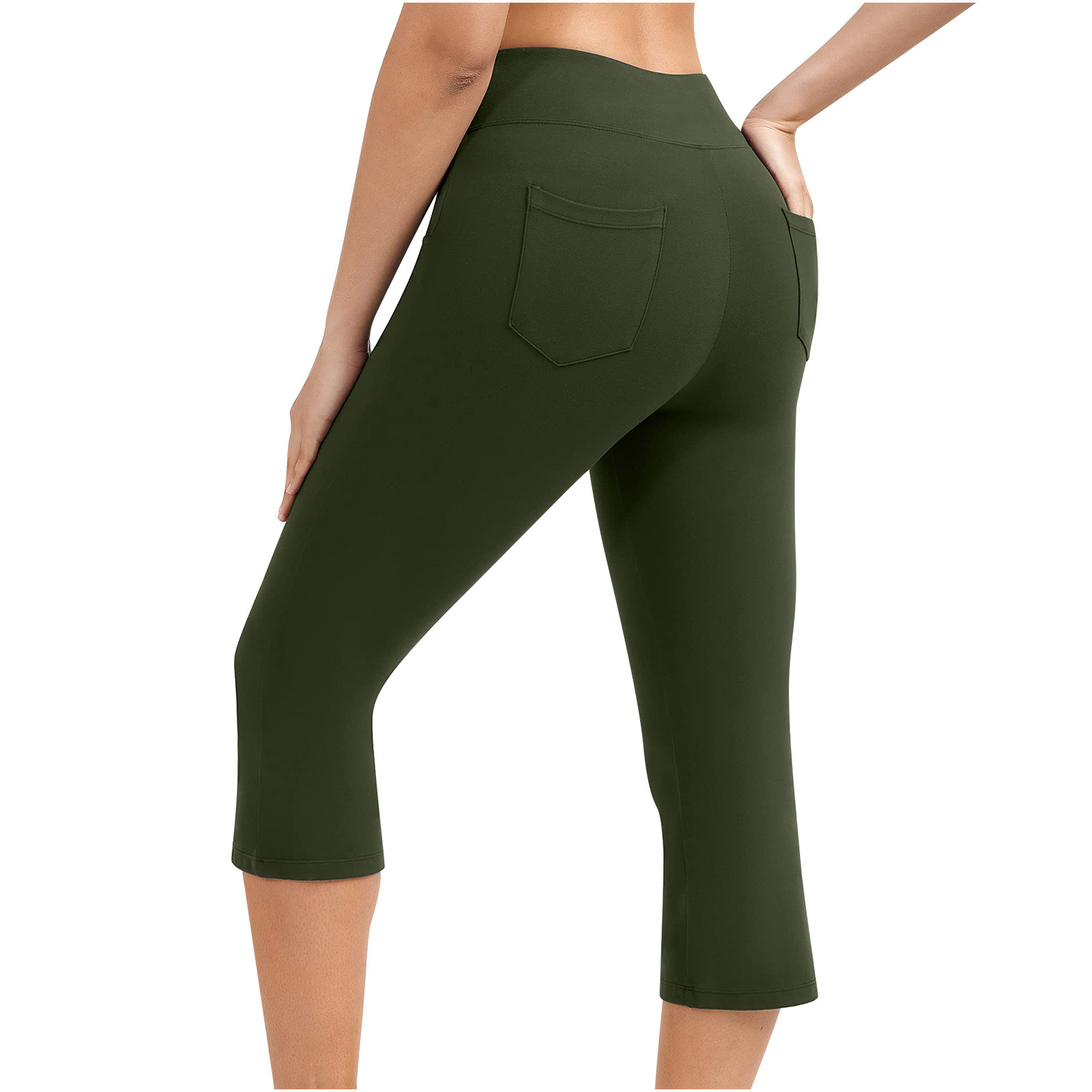 Neue Yoga-Hose für Damen, einfarbig, Vordertasche, hohe Taille, aufgesetzte Tasche hinten, Hip-Lift, Sport-Caprihose_voghion.com