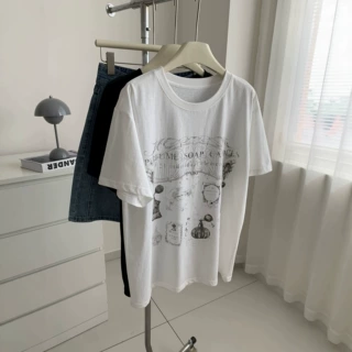 夏季美式复古香水印花做旧短袖T恤女宽松慵懒中长款休闲上衣T恤