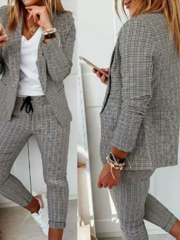 New 2024 European and American Women's Plaid Casual Slim-fit Lap-up Suit with Lace-up Pants suit