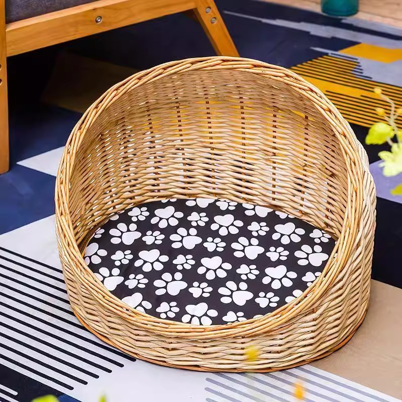 Perro de mimbre, nido para gatos, cuatro estaciones, casa para gatos de ratán universal, verano, perro pequeño y mediano extraíble y lavable, nido para mascotas tejido de peluche