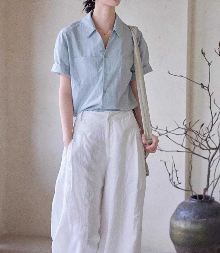 Áo sơ mi ngắn tay nữ cổ V phong cách Pháp chất liệu cotton — Áo xanh chi tiết 5