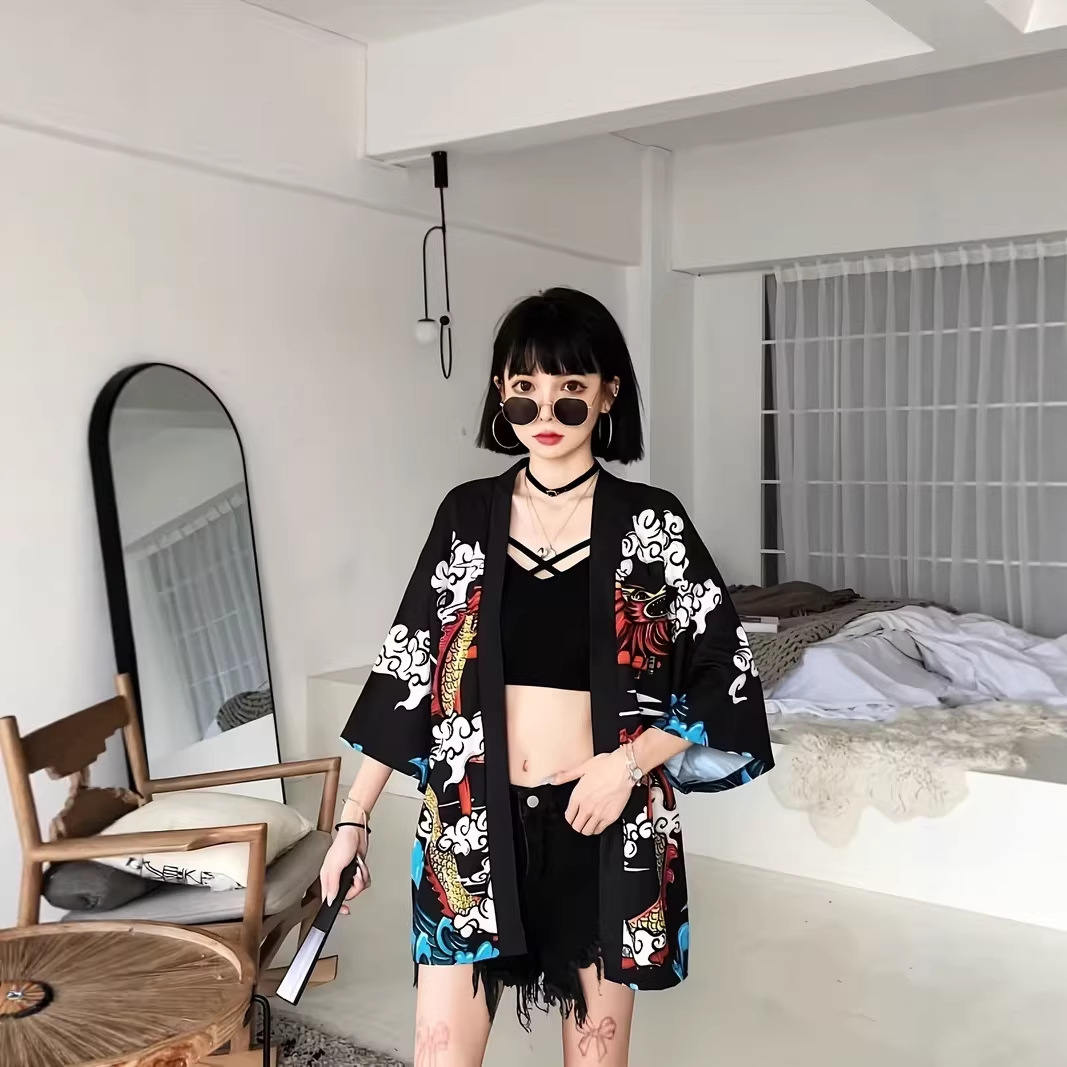 Cross-border Japanese loose-fitting trendy three-quarter sleeve kimono cardigan women's ukiyo-e cape 3D digital print robe coat