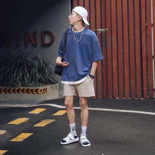 Summer V-Neck Short-Sleeve Two-Piece T-Shirt for Men Loose Fit Solid Color Half-Sleeve Fashion Hong Kong Style T-Shirt with Five-Finger Sleeve Korean Version
