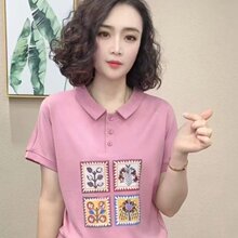 《鑫宇》2026夏季新款减龄百搭印花翻领女士短袖T恤妈妈装