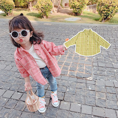Spring and Autumn Girls' Long-Sleeve Shirt Baby Stylish Children's Personality Trendy Korean Version Retro Check Pure Cotton Versatile Collarless Shirt