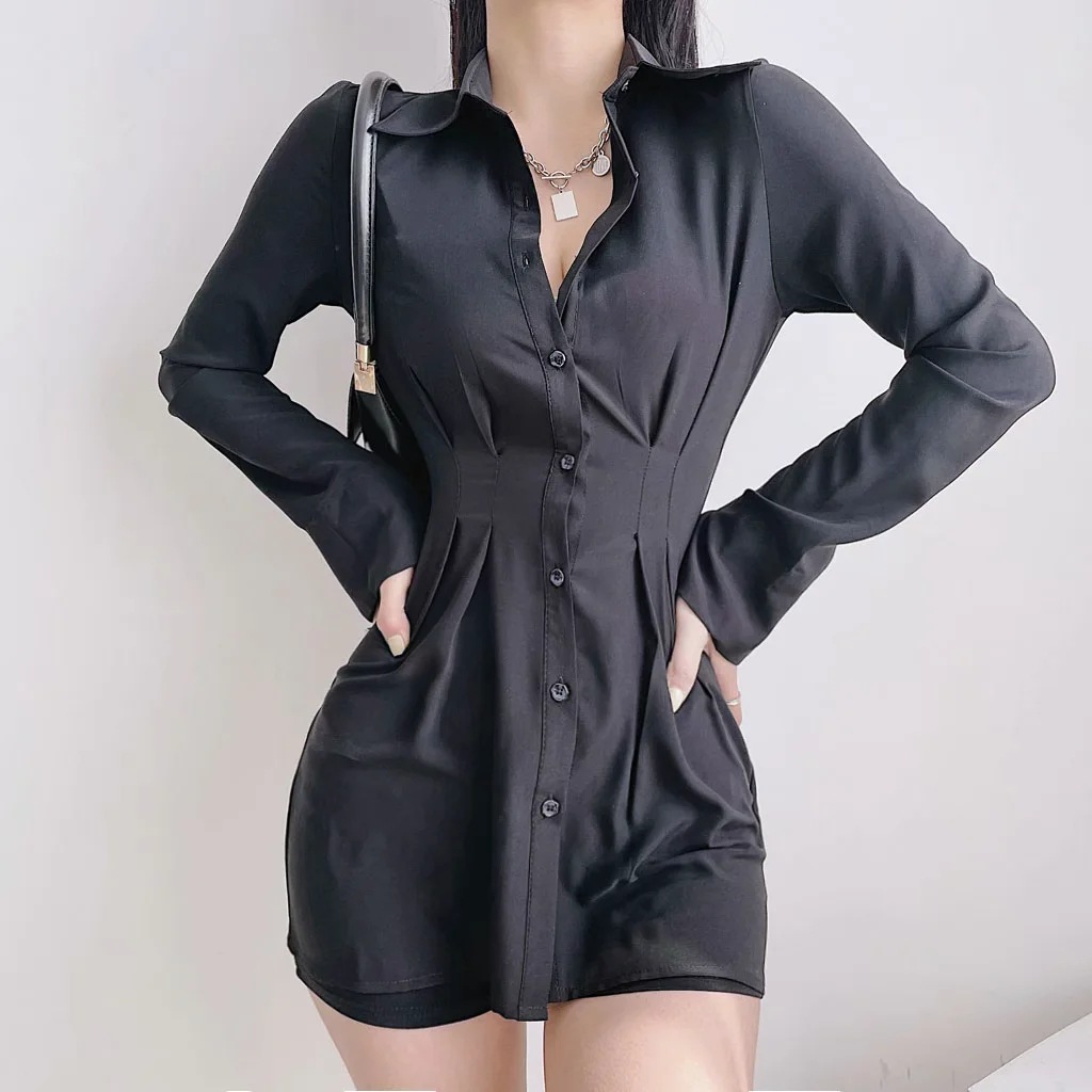 pleated single-breasted long-sleeved shirt dress NSAC45838