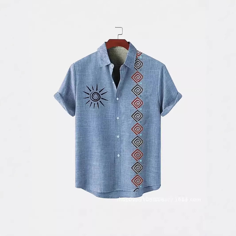 New Retro Casual Short-Sleeved Shirt for Men, Printed Loose Shirt, African Tribal 3D Print, Cross-Border Amazon