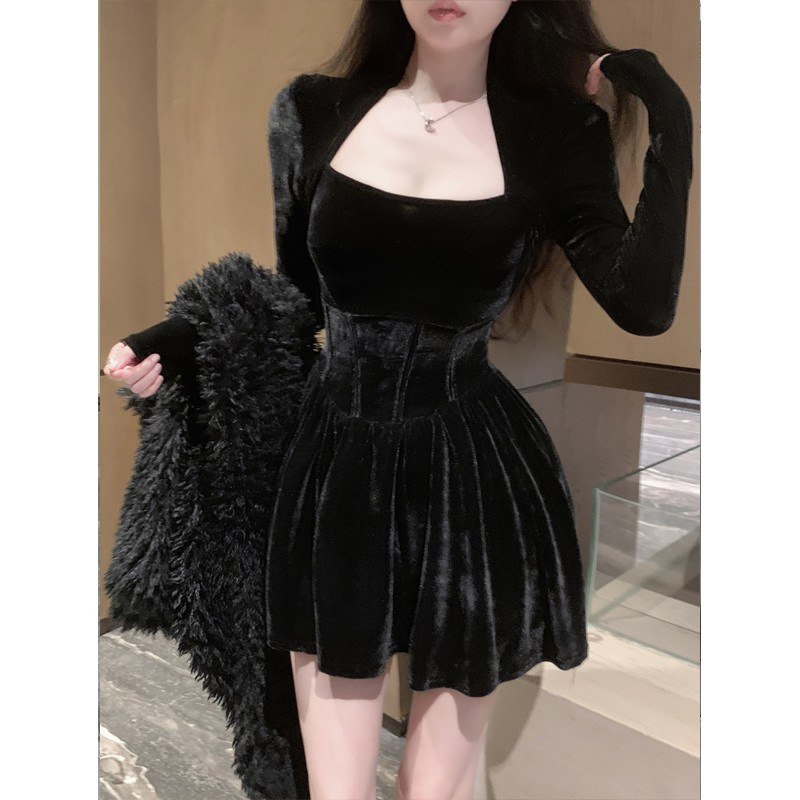 socialite xiaoxiang style gold velvet dress women autumn and winter socialite puffy fashion skirt birthday dress small black skirt