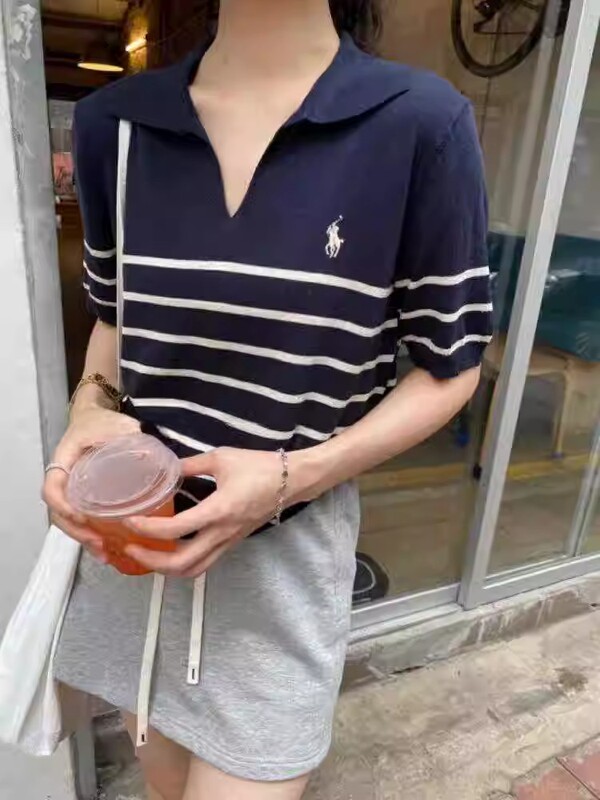 夏季POLO领T恤女藏蓝色条纹短袖人头马刺绣翻领t恤冰丝通勤|undefined
