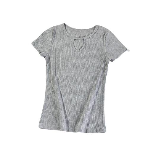 Pit strip round neck half sleeve ribbed casual T-shirt knit top for women
