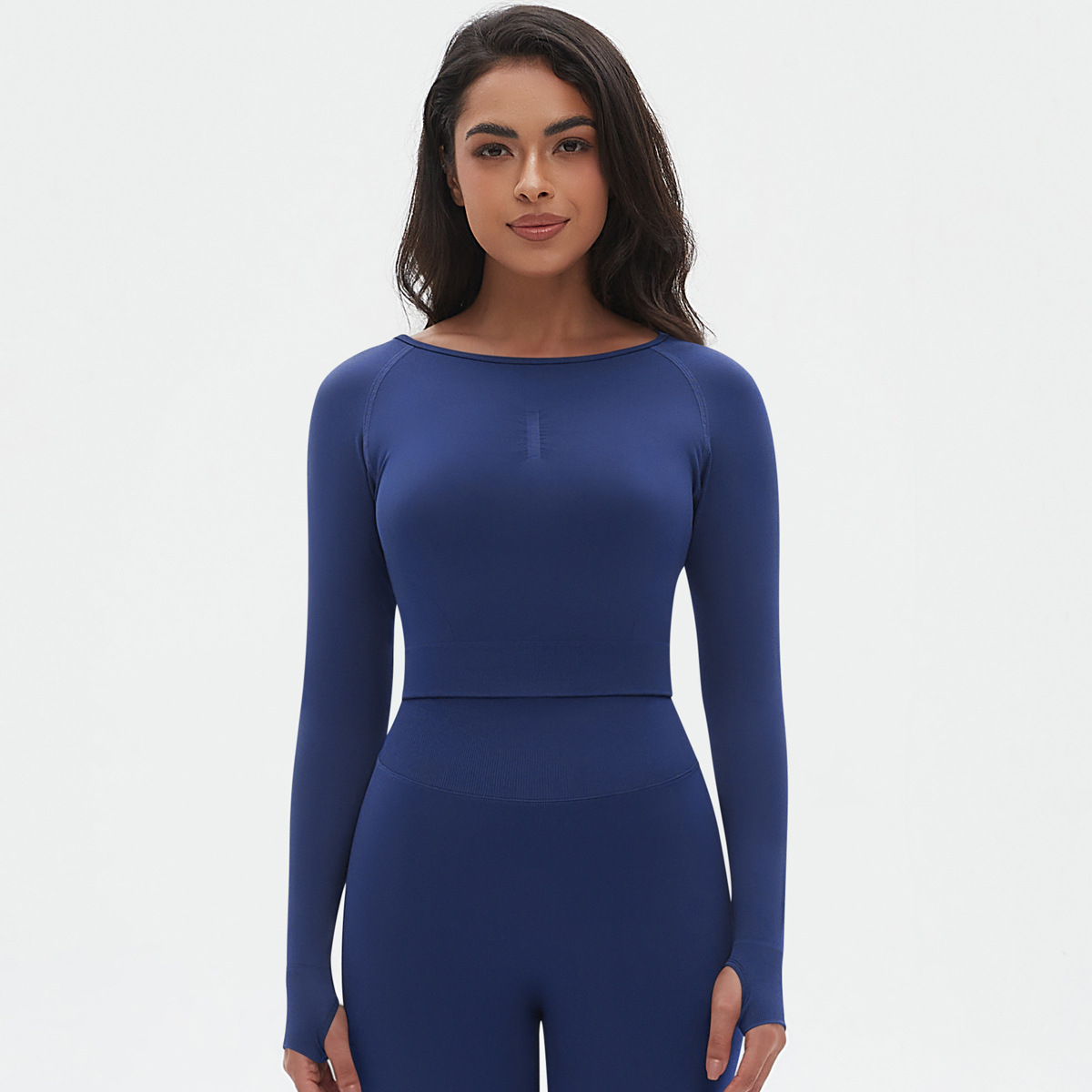 Cross-border Europa y Estados Unidos sin costuras de punto de color sólido ajustado alto elástico ropa de yoga deportiva de manga larga para correr y ejercer yoga tops mujeres image 3