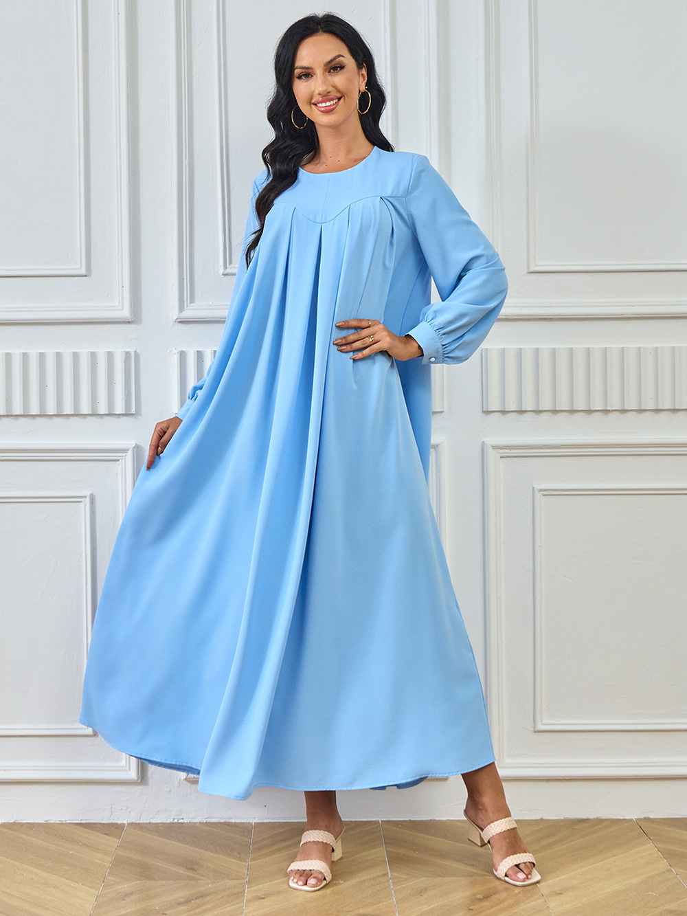 New Abaya Arab Cross-border Middle Eastern Muslim Robe Long-sleeved Solid Color Large Hem Dress Long Skirt Women's_ecoleips.com
