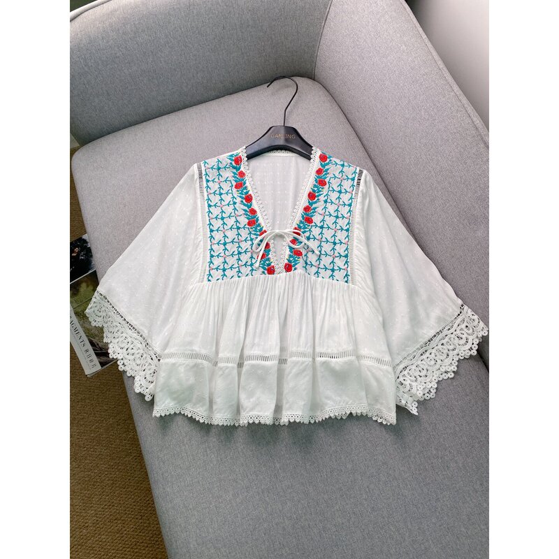 Parisian Bohemian Style ~ Lace-Up V-Neck Heavy Embroidery Lace Shirt for Women, Summer Vacation Style, Lightweight Loose Top