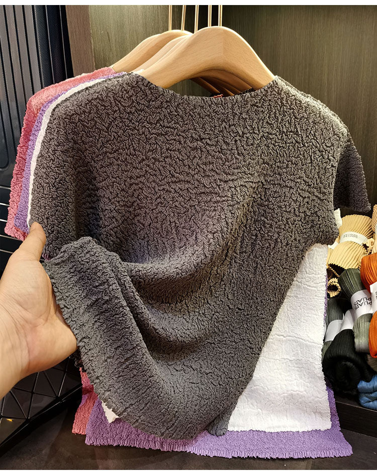 Áo thun nữ cổ tròn tay ngắn dáng rộng chất liệu nhăn xếp ly — Màu đen, Màu tím, Màu hồng, Màu trắng chi tiết 26