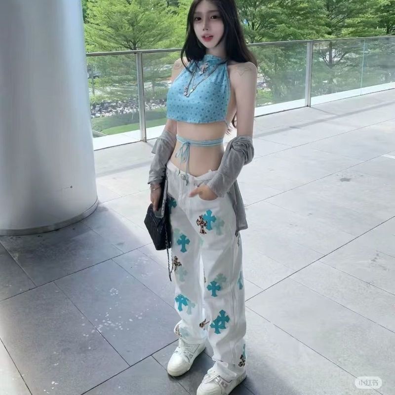 男女同款牛仔裤美式新款CH克罗十字架贴皮长裤宽松直筒百搭爆款25|undefined