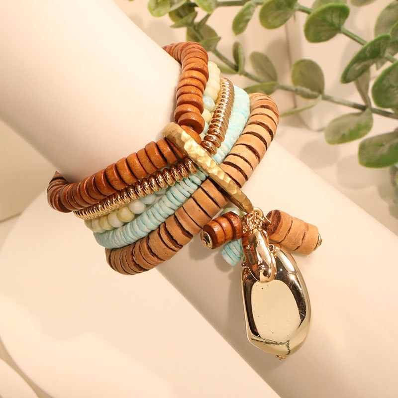 Cross-Border Manufacturer Bohemian Style Coconut Shell Crystal Beads Exaggerated Gold Nugget Pendant Design Multi-Layer Stacked Bracelet