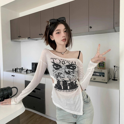 PPHOME Delicate Sweet Blossom ~ Long-Sleeve Sun Protection Blouse for Women, Design-Focused Hollowed Shoulder, Fitted Slimming, Thin-Item Top