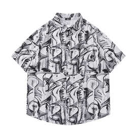 夏季复古趣味满印短袖衬衫男潮牌宽松夏威夷沙滩度假情侣休闲衬衣