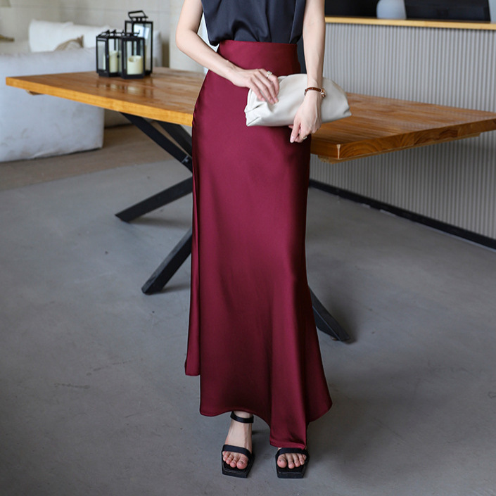 High Waist Slimming Mid-Length Satin Acetic Acid Silk Skirt Spring and Summer 2025 New Hip Fishtail A- Line Long Skirt