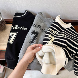 Children's sweater winter new boys and girls baby plus velvet thickened striped pullover baby letter printed top