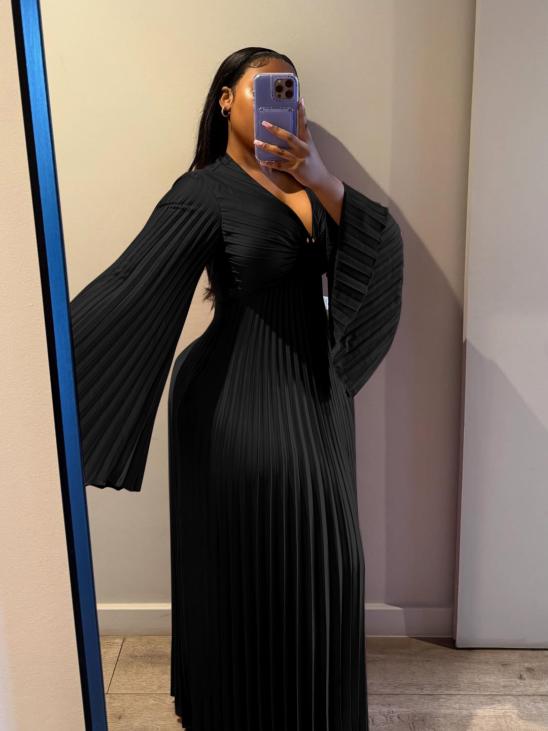 Women's Clothing Elegant Slim Fit Women's Dress V Neck Pleated Long Sleeve Solid Color Casual Spring/Autumn Dress_ecoleips.com
