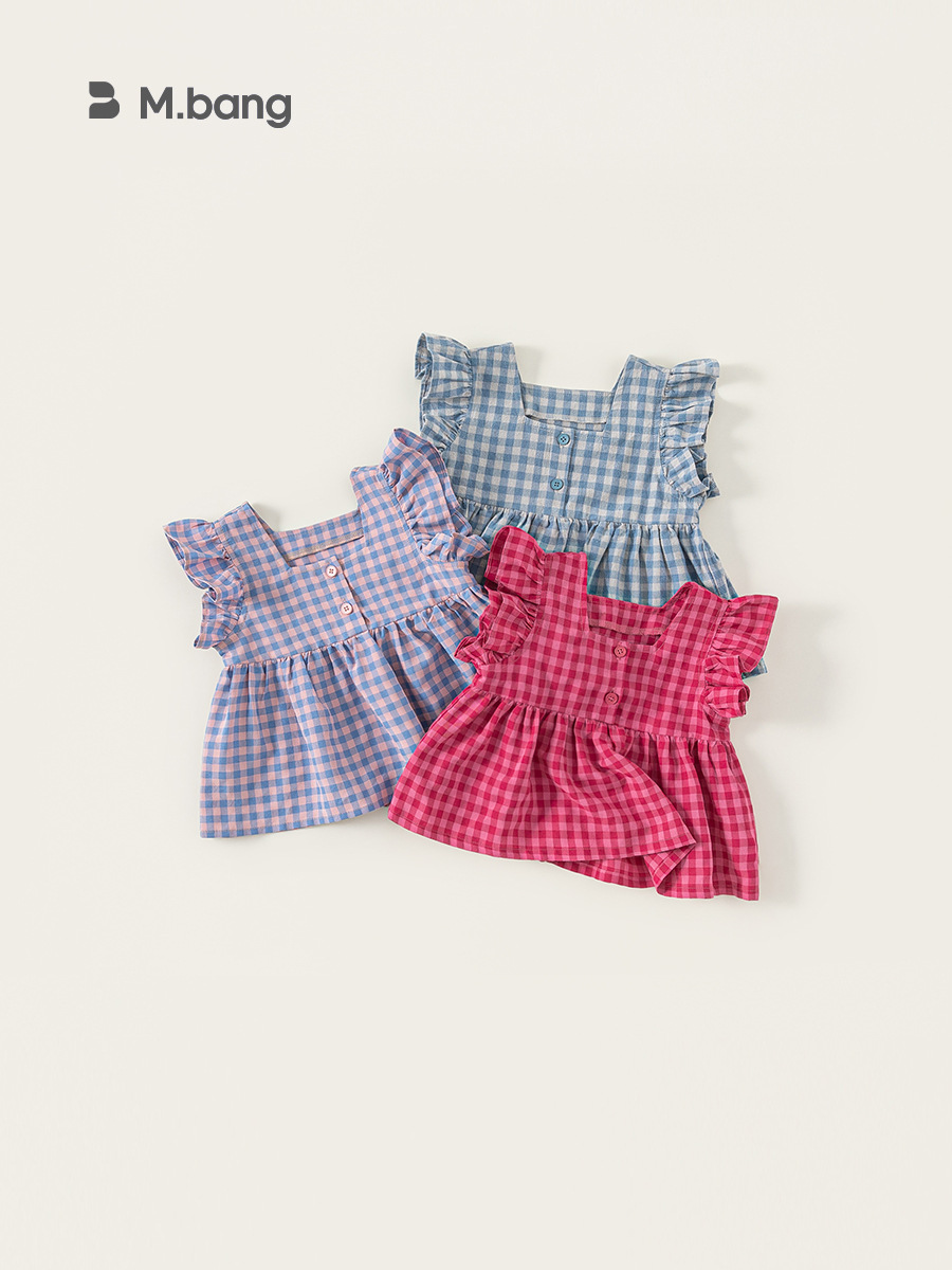 Youbao ropa para niños dulce verano nuevo producto blusa de cuello cuadrado para niños camisa de bebé a cuadros rosa para niñas pequeña camisa de manga voladora