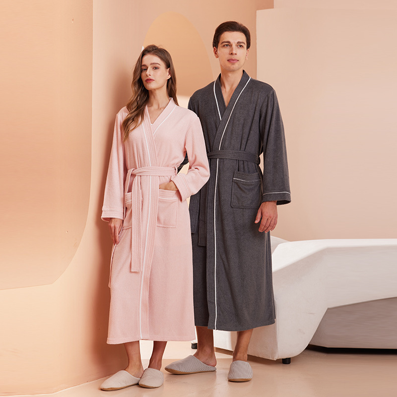 New Couple Bathrobe, Men's and Women's Towel Material Bathrobe, Long-Sleeved Bath Towel, Nightgown, Water-Absorbent and Quick-Drying, Summer Style for All Seasons