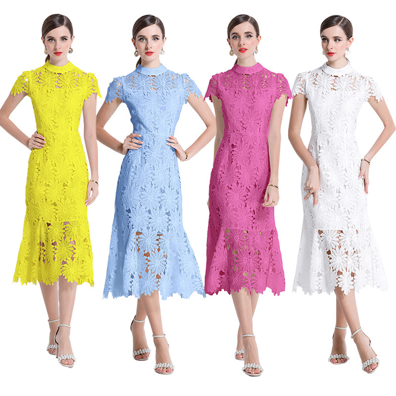 Váy liền cổ tròn ren hòa tan nước cao cấp, dáng ôm đuôi cá, chít eo thon gọn — Màu xanh lam, Màu hồng, Màu trắng, Màu vàng