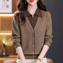 翻领假两件衬衫针织衫大码时尚气质中年女装秋冬长袖宽松洋气毛衣
