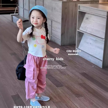 夏季儿童新款休闲短袖T恤3粉色工装裤两件套2024女童韩版洋气套装