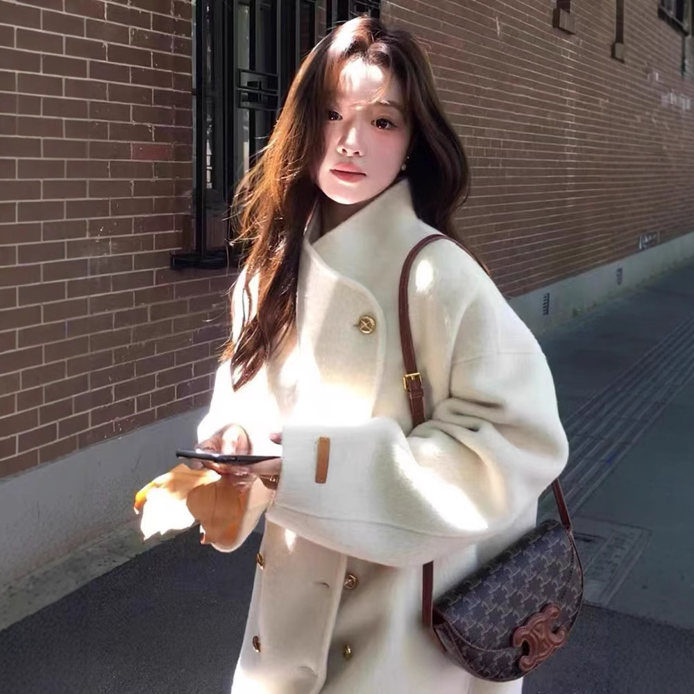金扣中长款双面羊绒大衣女2024秋冬季高级感韩系立领宽松毛呢外套