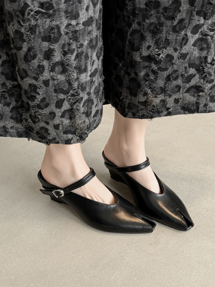Sandal nữ hở mũi gót nêm cao da bò tăng chiều cao quai ngang — màu đen, màu trắng, màu mơ chi tiết 30
