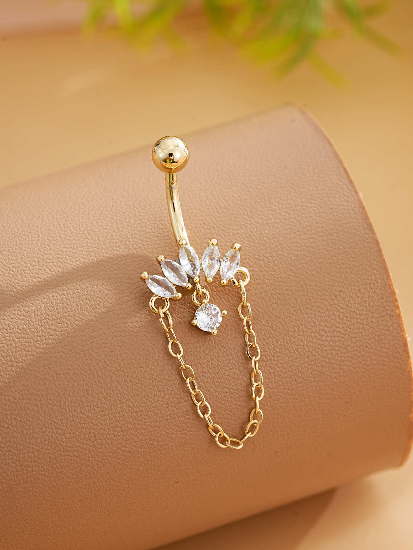 Heart-shaped Zirconia Belly Button Ring With Stainless Steel Chain_voghion.com