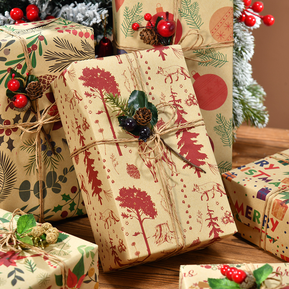 Amazon cross-border navidad dibujos animados impresión de papel kraft bricolaje embalaje de regalo regalo de vacaciones papel de embalaje al por mayor