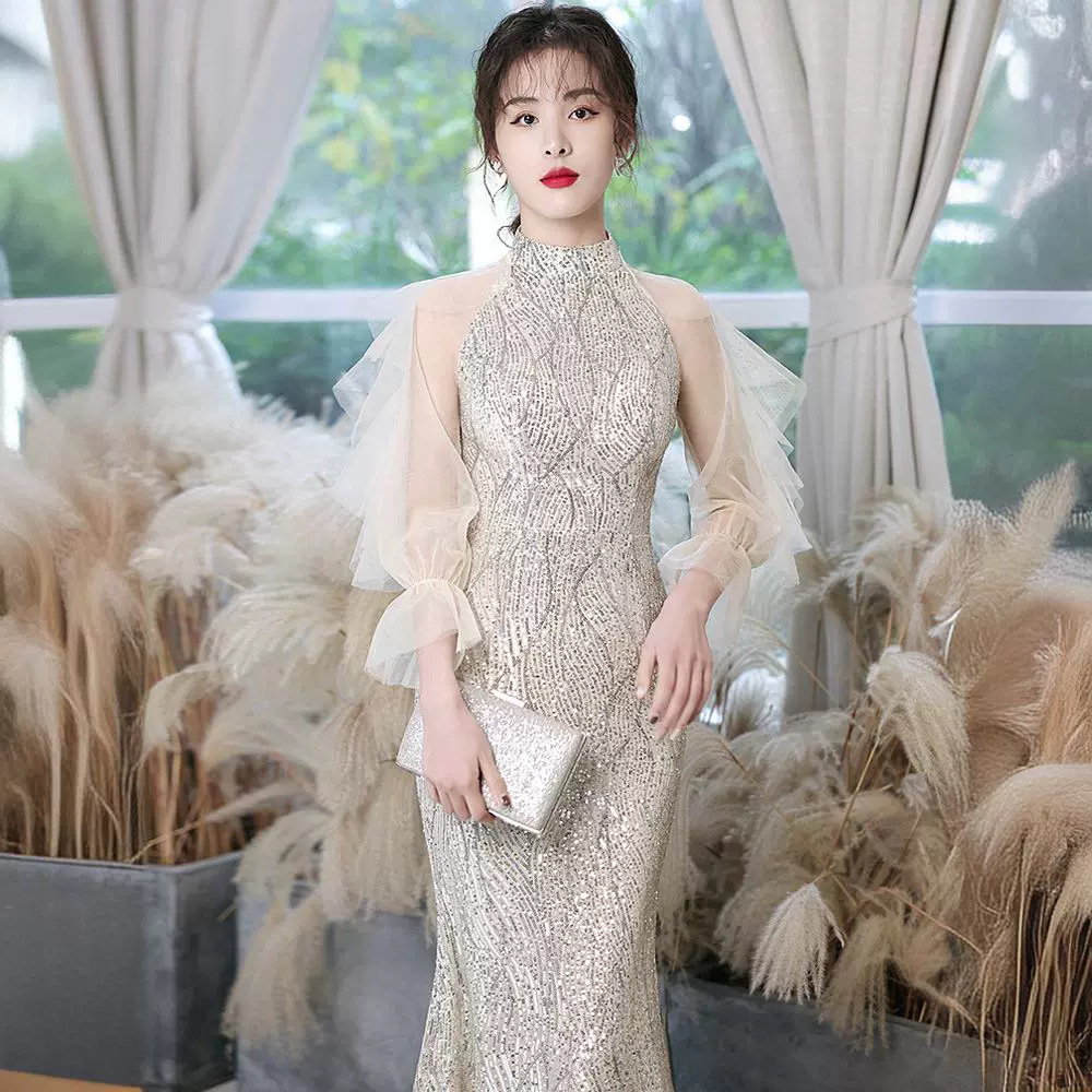 Fishtail Evening Dress for Women 2026 Winter New Sequin Dress Long Style Banquet Host Dinner Party Annual Meeting