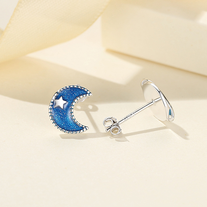 Plata esterlina S925 pendientes estrella luna pendientes hembra azul planeta luna pendientes estrella de cinco puntas nicho estilo coreano aguja de plata