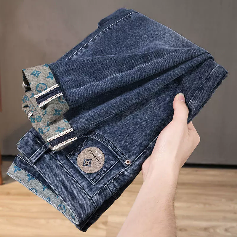 春夏季弹力牛仔裤男士修身直筒刺绣印花休闲裤子冰丝薄款筒裤长裤