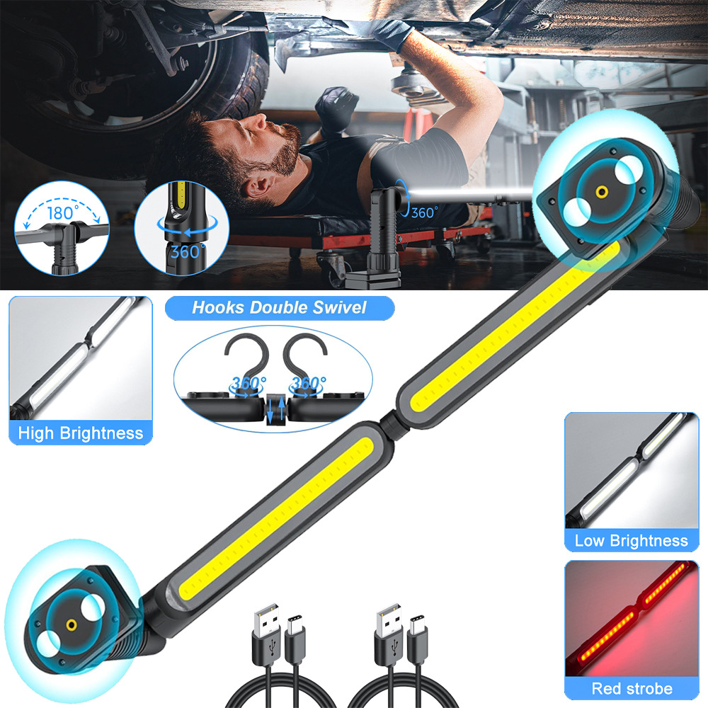 2-in-1 Magnetic Auto Repair Work Light, COB Rechargeable Long Strip Inspection Light, Hanging Hood Repair Light
