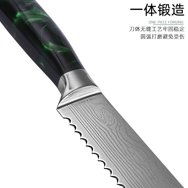 Yangjiang fábrica mango de resina patrón de láser de Damasco en la acción al por mayor nuevo traje de cuchillo chef cuchillo conjunto cuchillo