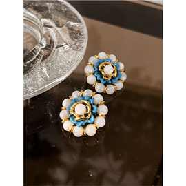 181花花耳环手工制作水蓝色复古新中式耳环颜色清新黄铜镀E10-1