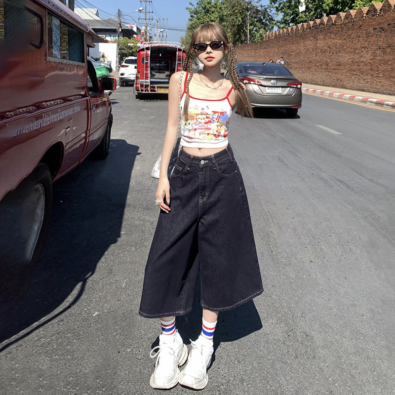 American Retro Dark Blue Wide-Leg Jeans for Women 2026 Summer New High-Waisted Loose Straight Cropped Pants Street Style American Retro Dark Blue Wide-Leg Jeans for Women 2026 Summer New High-Waisted Loose Straight Cropped Pants Street Style