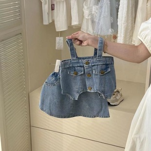 Girls' Denim Suit Kidsren's 2024 Vest and Short Skirt Two-Piece Set Summer Baby Casual Kidsren's Clothing Skirt Set for Small and Medium-Sized Kidsren